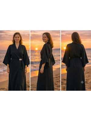 Kruvaze Kesim Kemerli ve Tokalı Cupro Kimono / Kaftan