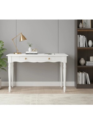 Roys Ahşap 120 cm Masif Beyaz Tornalı Çalışma Masası