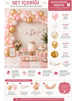 Deha Parti Happy Bırthday Yazı Gümüş Konfetili 35 Adet Pembe Beyaz Gold Balon Parti Doğum Günü Seti