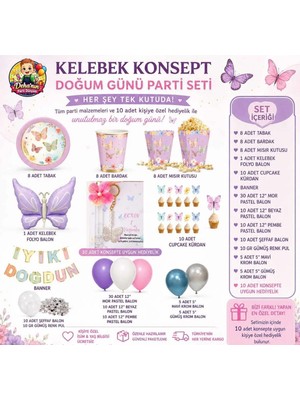 Deha Parti Kelebek Konsept Doğum Günü Parti Seti 8 Kişilik | 10 Adet Kişiye Özel Hediyelikli Parti Malzemeleri Seti