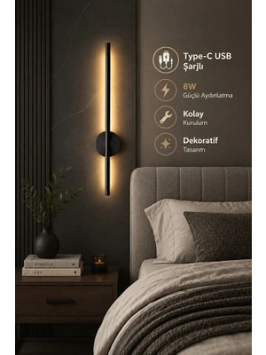 FKLIGHT 75CM / USB Sarjlı Resim / Tablo / Ayna / Duvar / Siyah Kasa Ledli Aplik 3200K Günışığı