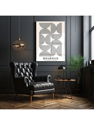 Cam Tablo Bauhaus 1923 Siyah Krem Çizgili Yarım Daire Geometrik Duvar Dekorasyonu  Sesli Sohbet Bitti