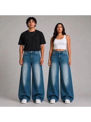 St.Poll Eskitme Turkuaz Mavisi Yıkamalı Baggy Jean