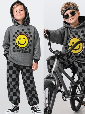 Denokids Erkek Çocuk Eşofman Takım Damalı Kalın Kapüşonlü Sweatshirt Eşofman Altı