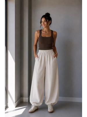 Vadon 1035 Kadın %100 Pamuk Gabardin Balon Paça Lastikli Bel Pantolon Taş