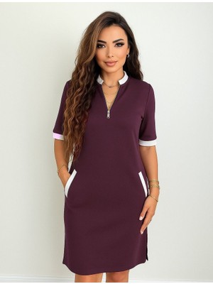 Efnaz Style Kadın Kısa Kollu Yakadan Fermuarlı Cepli Yandan Yırtmaçlı Viskon Elbise