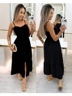 Efnaz Style Kadın Ip Askılı V Yakalı Önden Düğmeli Midi Bürümcük Elbise