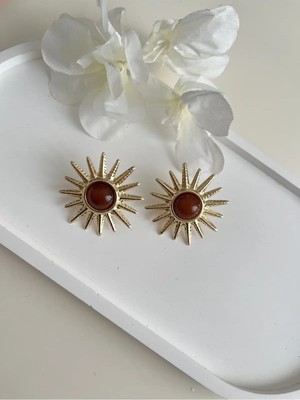 Nergis Collection Kadın Tasarım Doğaltaş Detaylı Güneş Kahverengi Taşlı Gold Küpe