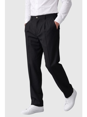 Rizzup Siyah Erkek Rahat Kalıp Tek Pileli Kumaş Pantolon Yanları Lastikli Esnek Smart Casual Pantolon 2600970