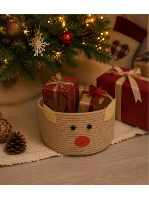 Miessa Geyikli Noel Çocuk Odası Düzenleyici Sepet, Oyuncak Sepeti, Kulaklı Sepet, Figürlü Pamuk Sepet
