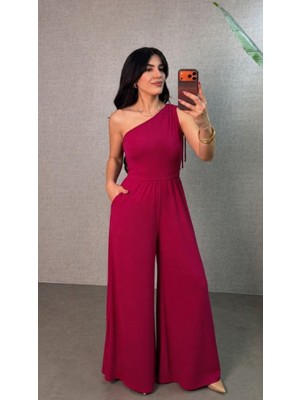 Efnaz Style Kadın Tek Omuzdan Büzgü Detaylı Geniş Paçalı Uzun Sandy Tulum
