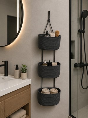 Miessa 3’lü Askılı Banyo Mutfak Çocuk Odası Düzenleyici Boncuklu Sepet, Asılabilir Sepet , Organizer