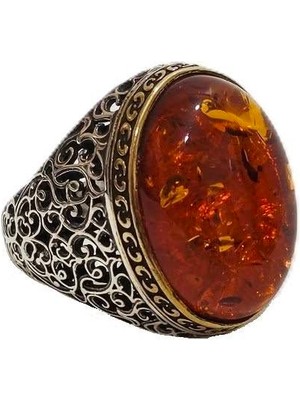 Hasyılmaz Kehribar Taş Motifli 925 Ayar Gümüş Yüzük 20,70 Gram