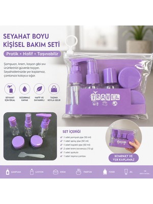 Doori Seyahat Mini Boy Kişisel Bakım Şişe Seti 7 Parça – Uçak Kabin Uyumlu Kozmetik Aktarma Seti, Losyon, Şampuan, Krem ve Parfüm Taşıma Çantalı