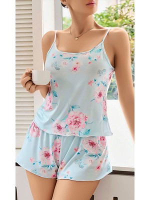 Bezos Kadın Bebek Mavisi Çiçek Desenli Askılı Şortlu Pijama Takım 5011