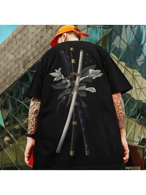 Nigrum Pardus Nıgrum Pardus Sokak Stili Three Swords Sırt Baskılı %100 Pamuk Oversize Büyük Beden Erkek T-Shırt