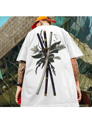 Nigrum Pardus Nıgrum Pardus Sokak Stili Three Swords Sırt Baskılı %100 Pamuk Oversize Büyük Beden Erkek T-Shırt
