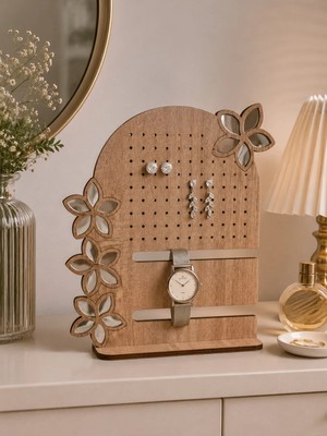 Dekmar Çiçek Detaylı Masaüstü Küpelik ve Takı Askısı Ahşap Görünümlü 22 x 26 cm