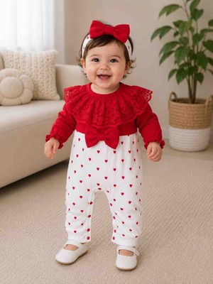 Babys Tasarım Kız Bebek Kalp Desenli Tulum Dantel Yakalı Saç Bantlı Uzun Kollu Pamuklu Şık Bebek Tulumu