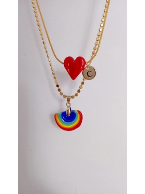 Nergis Collection Murano Gökkuşağı - Kırmızı Kalp Kolye