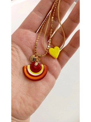 Nergis Collection Murano Güneş Kolye - Murano Sarı Kalp Kolye(Kalp Rengi ve Harf Değişebilir)