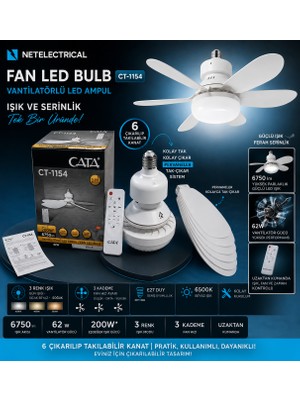 Netelectrical Cata 62W Lodos Fan LED Kumandalı Işıklı Tavan Vantilatörü E27 Duylu CT-1154 Kodlu Duya Tak Çalıştır