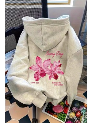 Oksit Sunny Day Botanical Sırt Baskılı Oversize Kapüşonlu Sweatshirt | Çiçek Desenli Şardonlu Kumaş Hoodie