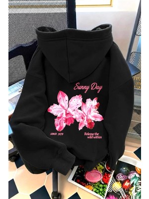 Oksit Sunny Day Botanical Sırt Baskılı Oversize Kapüşonlu Sweatshirt | Çiçek Desenli Şardonlu Kumaş Hoodie