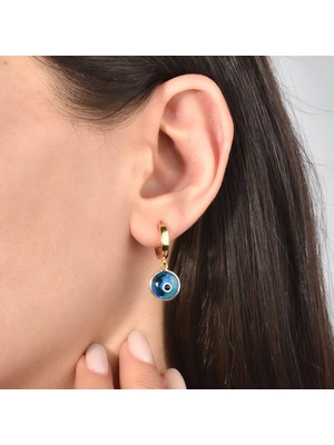 Nox Jewelry 14 Ayar Altın Kaplama Gümüş Mavi Nazar Boncuklu Sallantılı Halka Küpe - ES00152