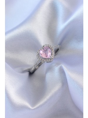 Die Grup Gümüş Renk Pembe Zirkon Taşlı Kalp Charm Model Pirinç Kadın Yüzük 5886