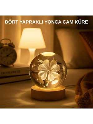 Hace Bazaar USB Bağlantılı Yonca Bitkili Cam Küre Ahşap Altlıklı Dekoratif Lamba - HCB1235198-6470