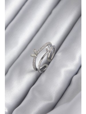 Hace Bazaar Pirinç Gümüş Renk Zirkon Taşlı Kelebek Model Kadın Yüzük 5886 - HCB1234598-9255