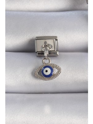Hace Bazaar 316L Çelik Gümüş Renk Sallantılı Göz Figür Nazar Boncuk Detay Nomination Cha - HCB1239377-6