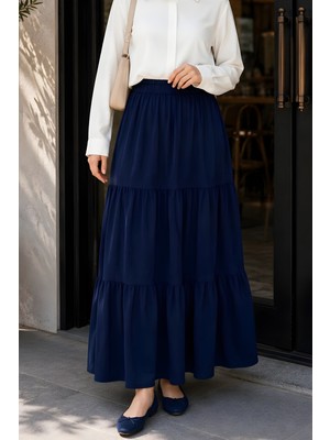İmaj Butik Lacivert Bel Lastikli Katlı Tencel Etek