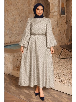 İmaj Butik Taş Balon Kol Kuşaklı Elbise