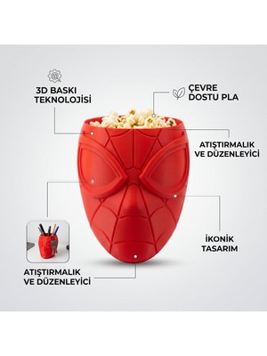 Piyatech Örümcek Adam Tasarımlı 3D Baskı Patlamış Mısır Kasesi Dekoratif Çerezlik ve Masaüstü Organizer