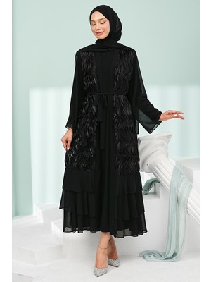 İmaj Butik Siyah Eteği Katlı Fırfırlı Ikili Abaya Takım