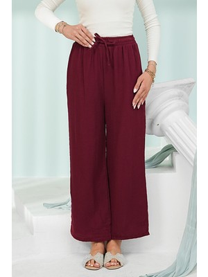 İmaj Butik Bordo Bel Lastikli Cepli Müslin Pantolon