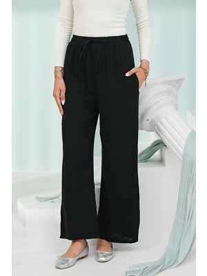 İmaj Butik Siyah Bel Lastikli Cepli Müslin Pantolon