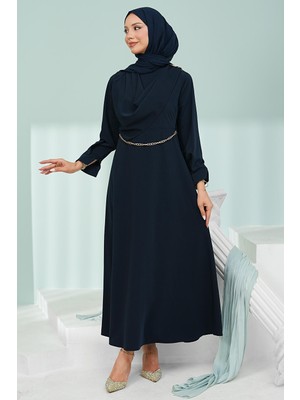 İmaj Butik Lacivert Omuz Şal Detaylı Zincir Kemerli Elbise