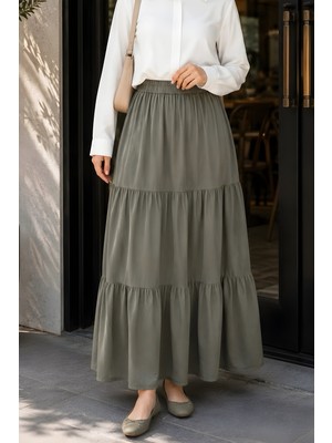 İmaj Butik Haki Bel Lastikli Katlı Tencel Etek