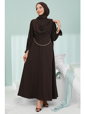 İmaj Butik Kahverengi Omuz Şal Detaylı Zincir Kemerli Elbise