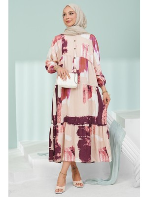 İmaj Butik Mürdüm Yarım Düğmeli Kol Lastikli Eteği Katlı Viskon Elbise