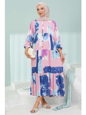 İmaj Butik Pudra Yarım Düğmeli Kol Lastikli Eteği Katlı Viskon Elbise