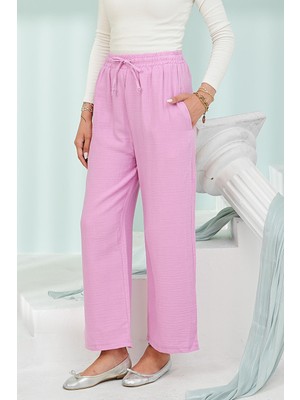 İmaj Butik Pembe Bel Lastikli Cepli Müslin Pantolon