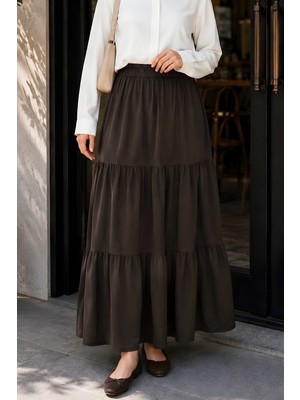 İmaj Butik Kahverengi Bel Lastikli Katlı Tencel Etek