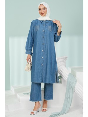İmaj Butik Mavi Cep Taş Detaylı Tunik Pantolonlu Kot Takım