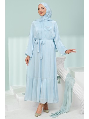İmaj Butik Bebe Mavi Çiçek Bronşlu Şifon Elbise