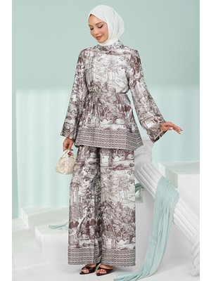 İmaj Butik Kahverengi Desenli Tunik Pantolonlu Takım