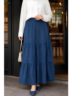 İmaj Butik Indigo Bel Lastikli Katlı Tencel Etek